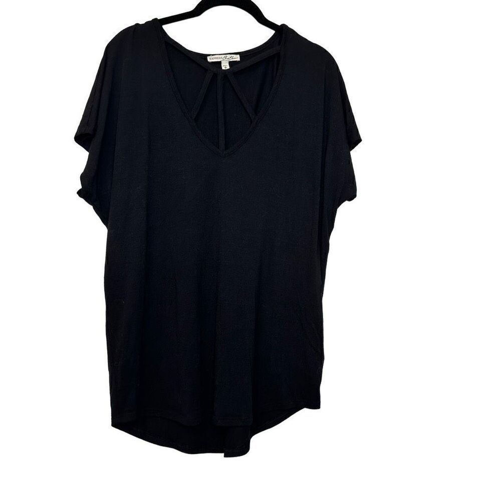 Express One Eleven Short Sleeve Cutout V Neck Strappy Back Shirt Black Medium